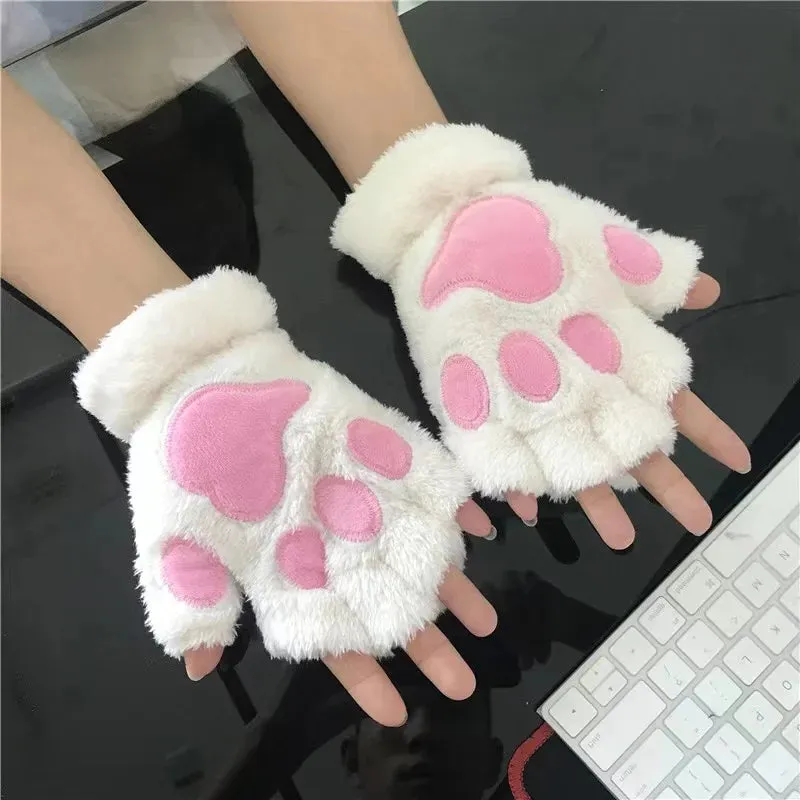 Bonnyshow Lovely Plush Cat Claw Paw Gloves Plush Mittens Warm Soft Plush Short Fingerless Fluffy Bear Gloves Costume Half Finger Gloves