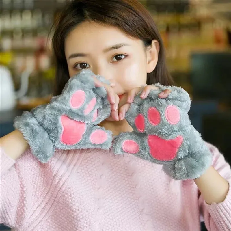 Bonnyshow Lovely Plush Cat Claw Paw Gloves Plush Mittens Warm Soft Plush Short Fingerless Fluffy Bear Gloves Costume Half Finger Gloves