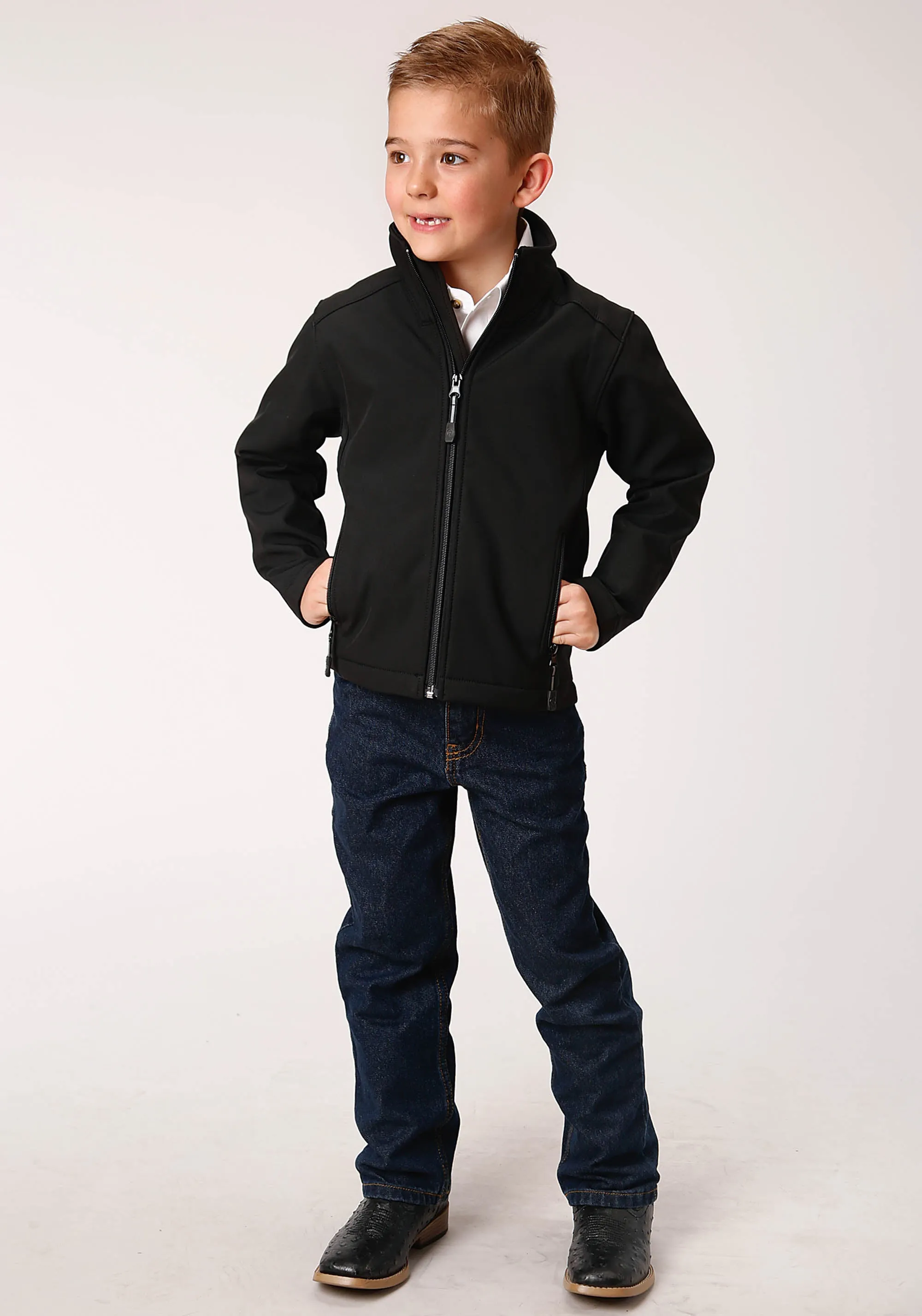 BOYS BLACK SOFTSHELL WITH BLACK FLEECE LINING ZIP FRONT JACKET