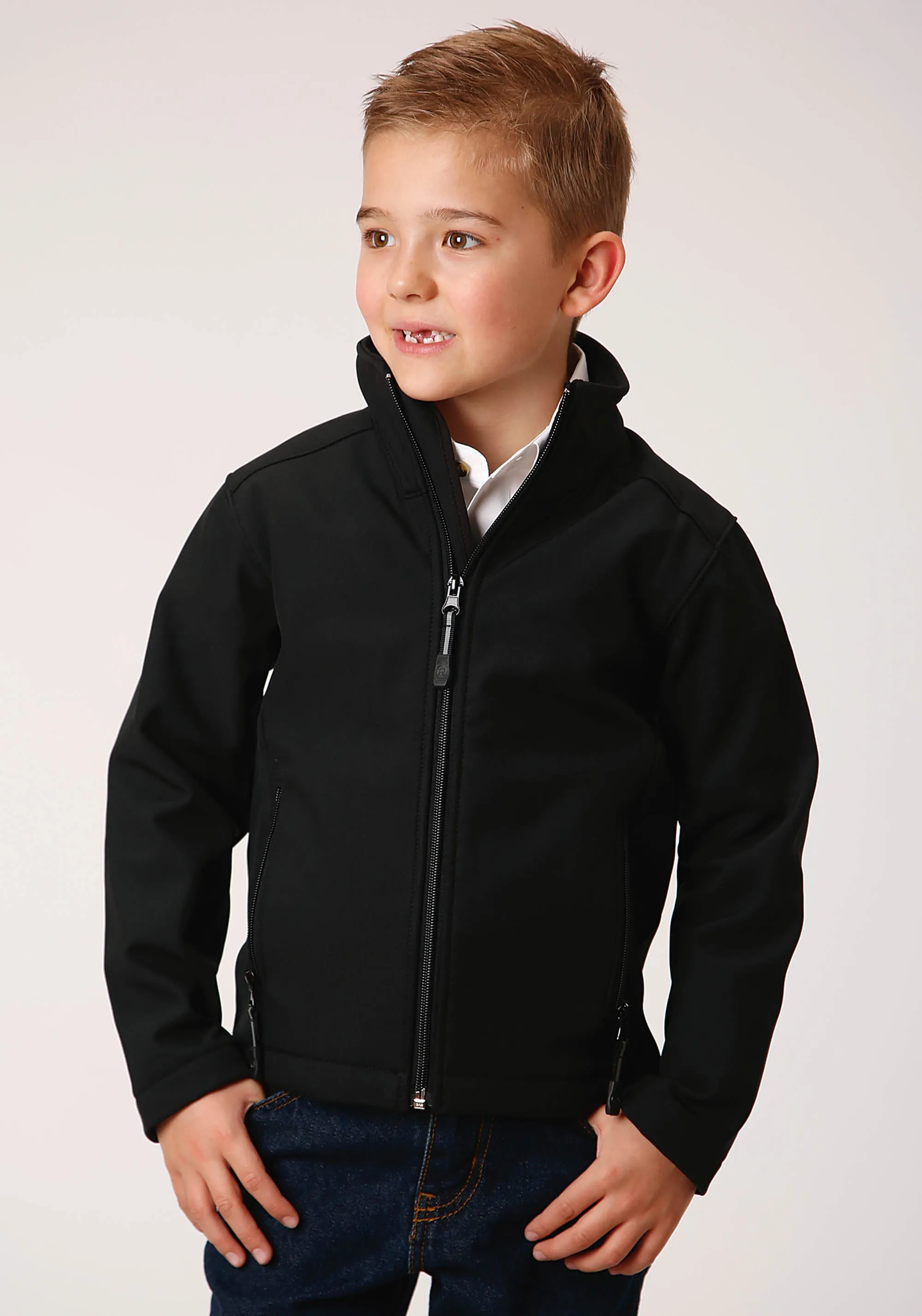 BOYS BLACK SOFTSHELL WITH BLACK FLEECE LINING ZIP FRONT JACKET