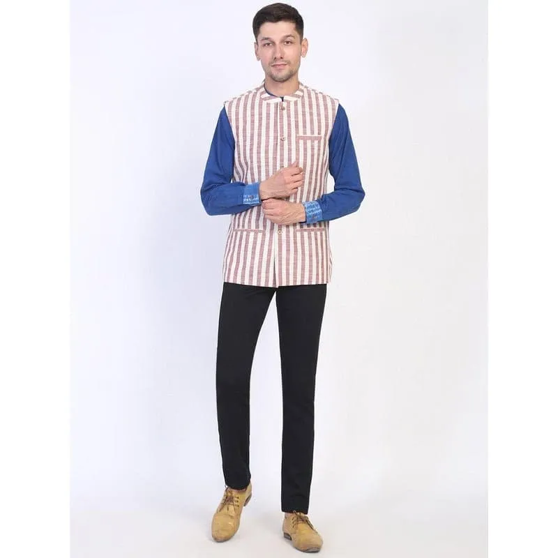 Brown Striped Cotton Men Sadri