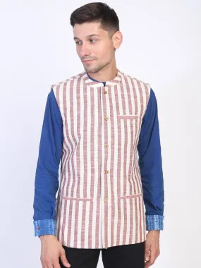 Brown Striped Cotton Men Sadri