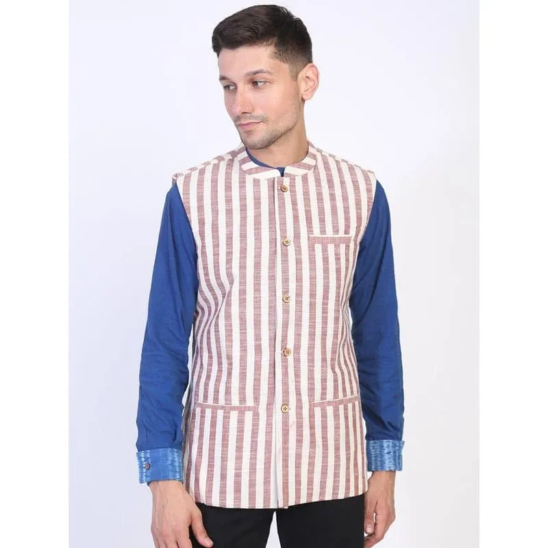 Brown Striped Cotton Men Sadri