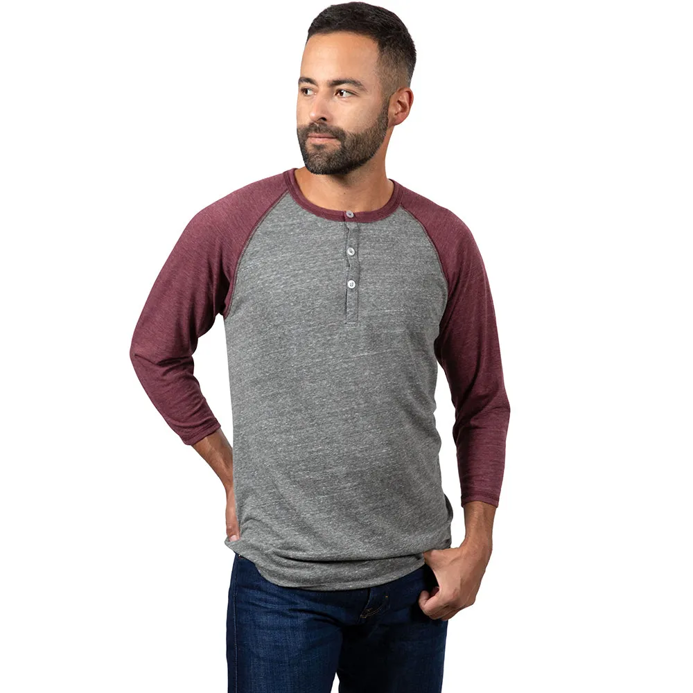 Burgundy & Heather Grey Contrast 3/4 Raglan Sleeve Tri-Blend Henley Shirt