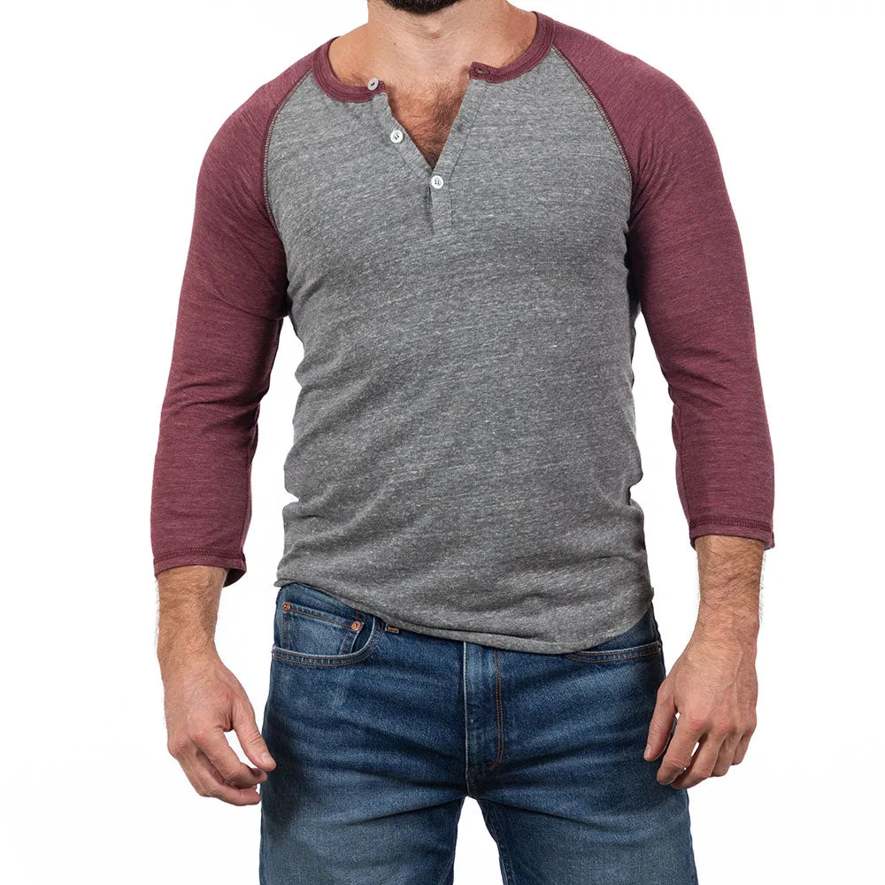 Burgundy & Heather Grey Contrast 3/4 Raglan Sleeve Tri-Blend Henley Shirt