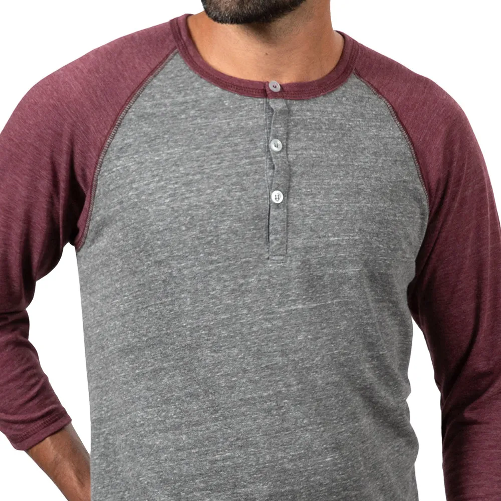 Burgundy & Heather Grey Contrast 3/4 Raglan Sleeve Tri-Blend Henley Shirt