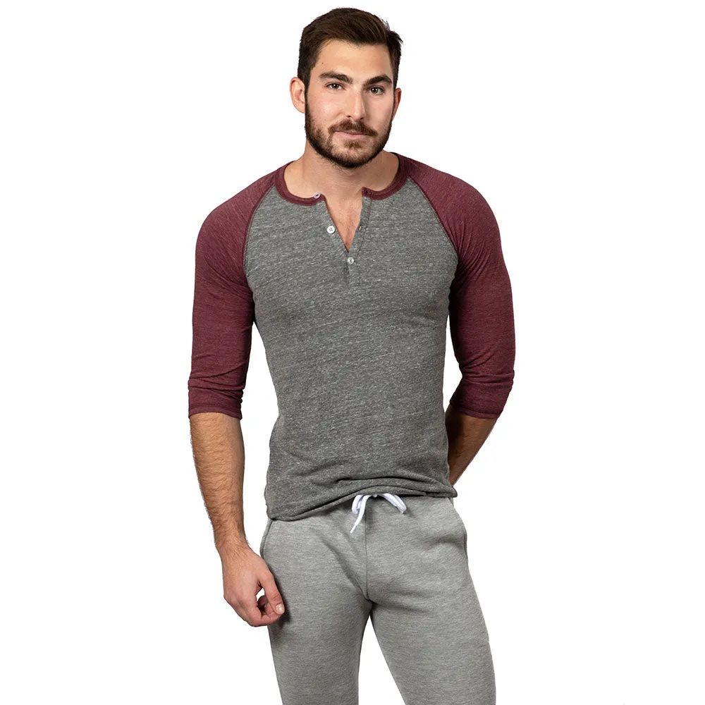 Burgundy & Heather Grey Contrast 3/4 Raglan Sleeve Tri-Blend Henley Shirt