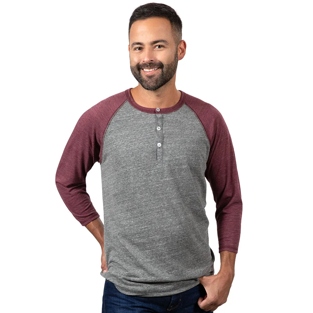 Burgundy & Heather Grey Contrast 3/4 Raglan Sleeve Tri-Blend Henley Shirt