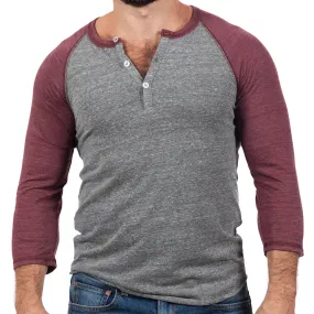 Burgundy & Heather Grey Contrast 3/4 Raglan Sleeve Tri-Blend Henley Shirt