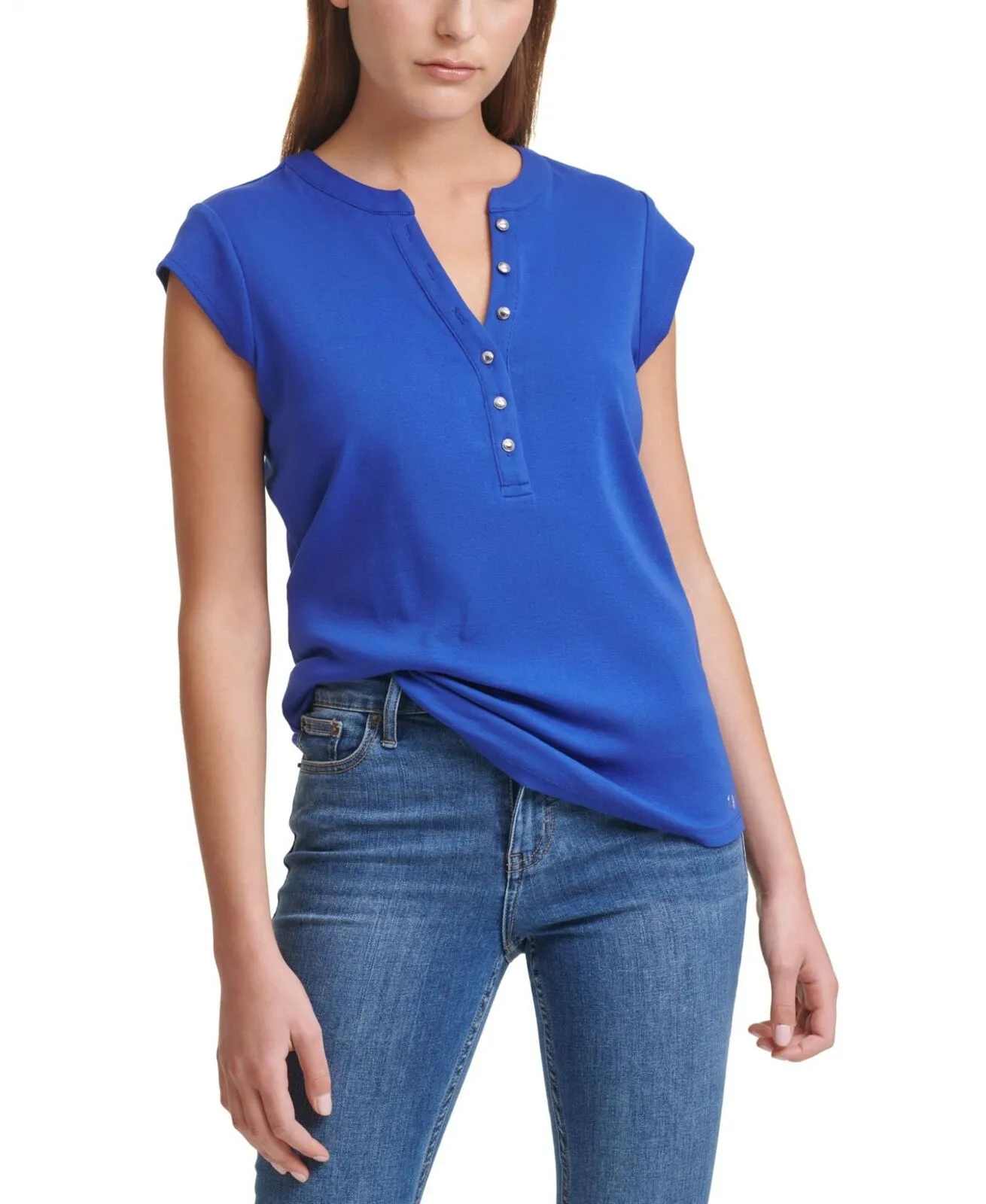 Calvin Klein Women's T-Shirt Silver Button Detailing M1TH0807 Klein Blue L