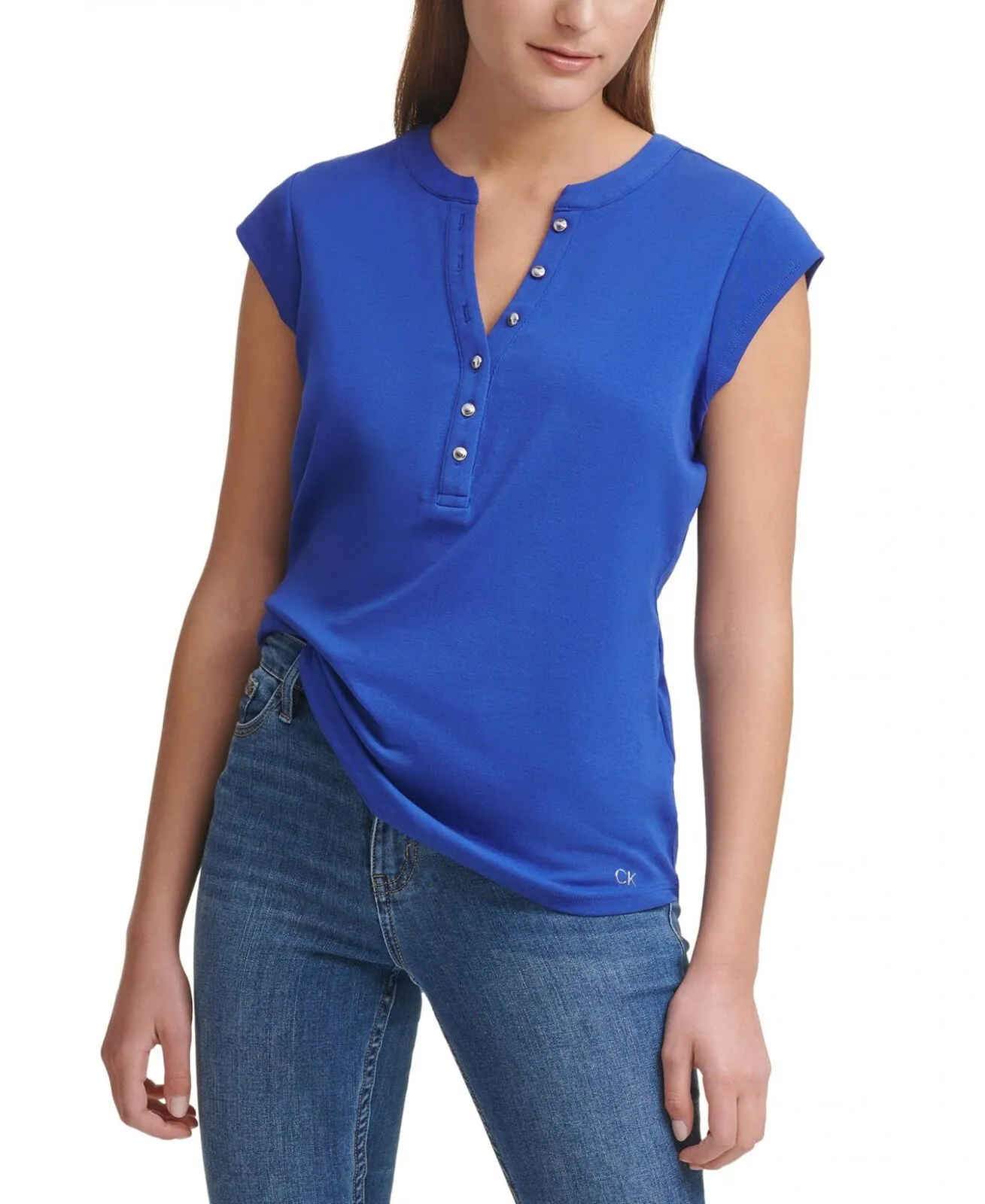 Calvin Klein Women's T-Shirt Silver Button Detailing M1TH0807 Klein Blue L