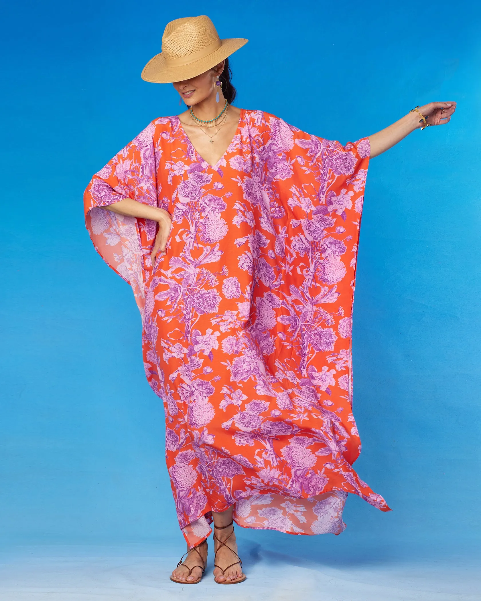 Camille Kaftan in Orange and Purple Floral Toile