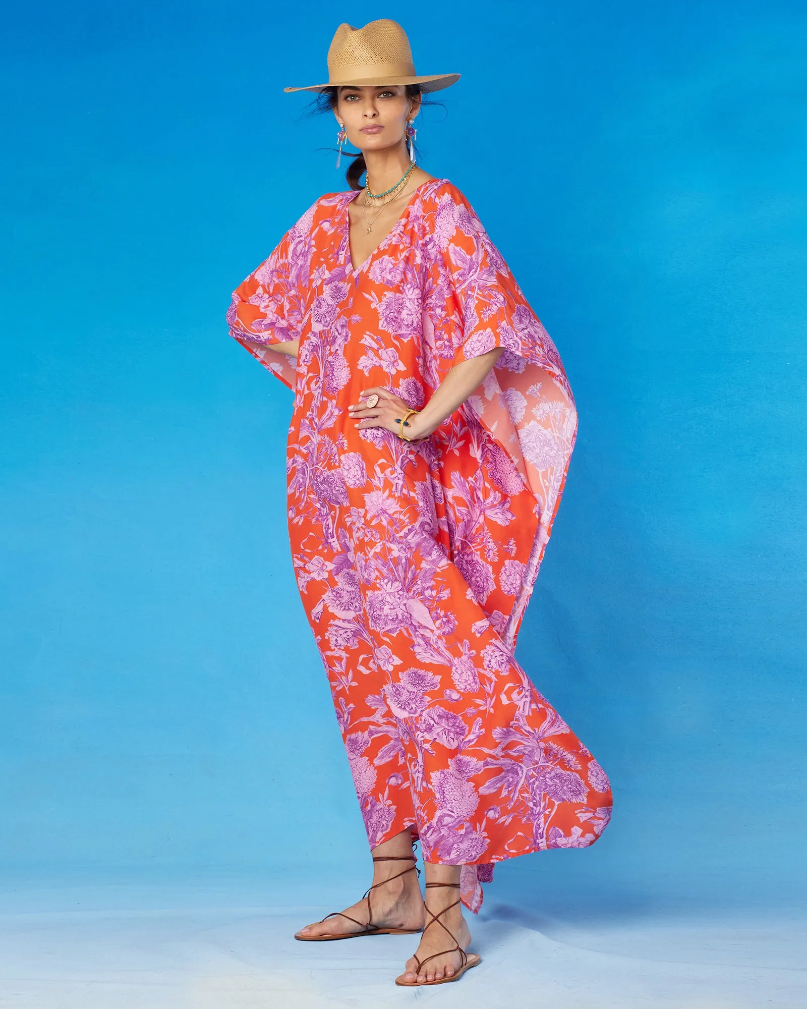 Camille Kaftan in Orange and Purple Floral Toile