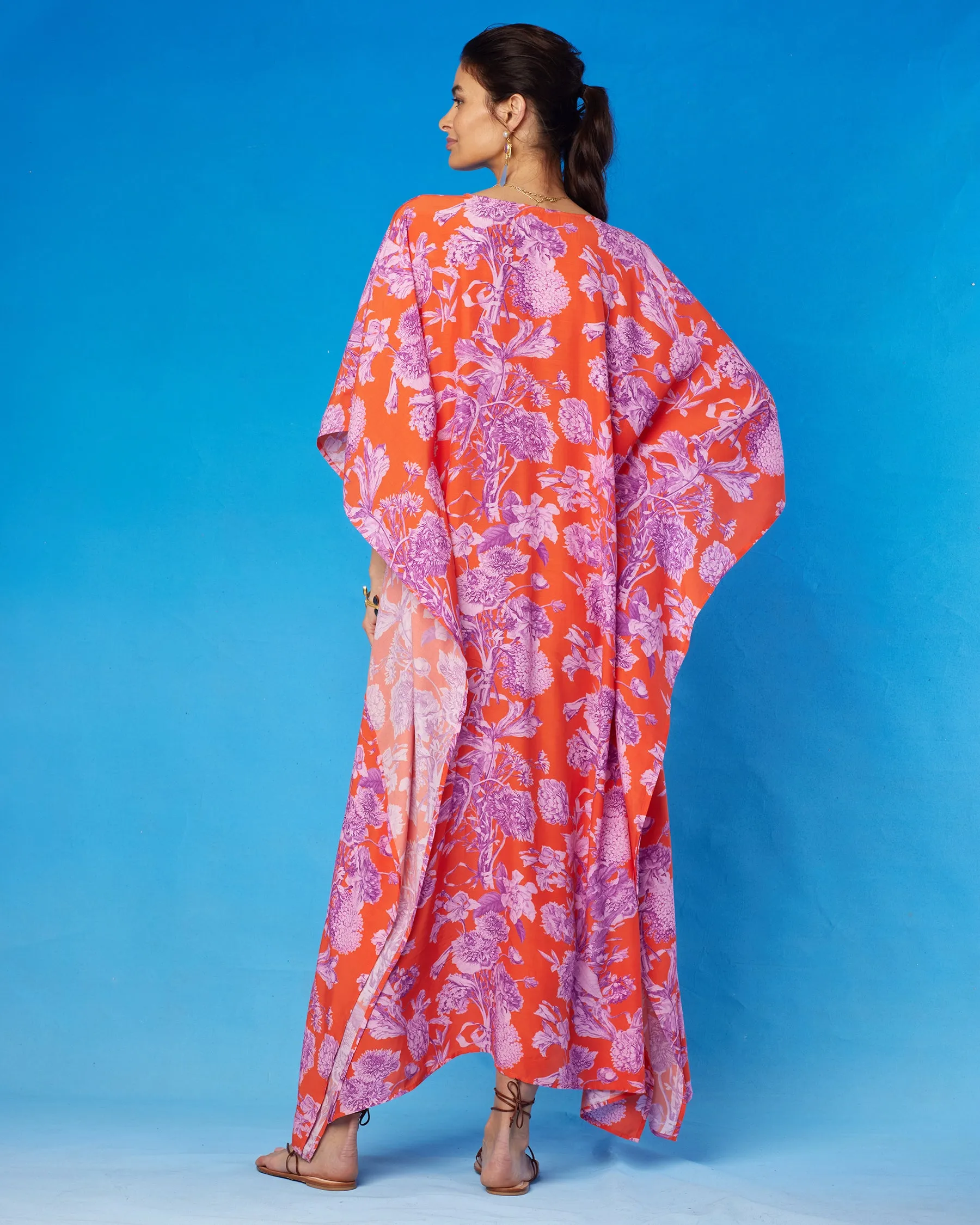 Camille Kaftan in Orange and Purple Floral Toile