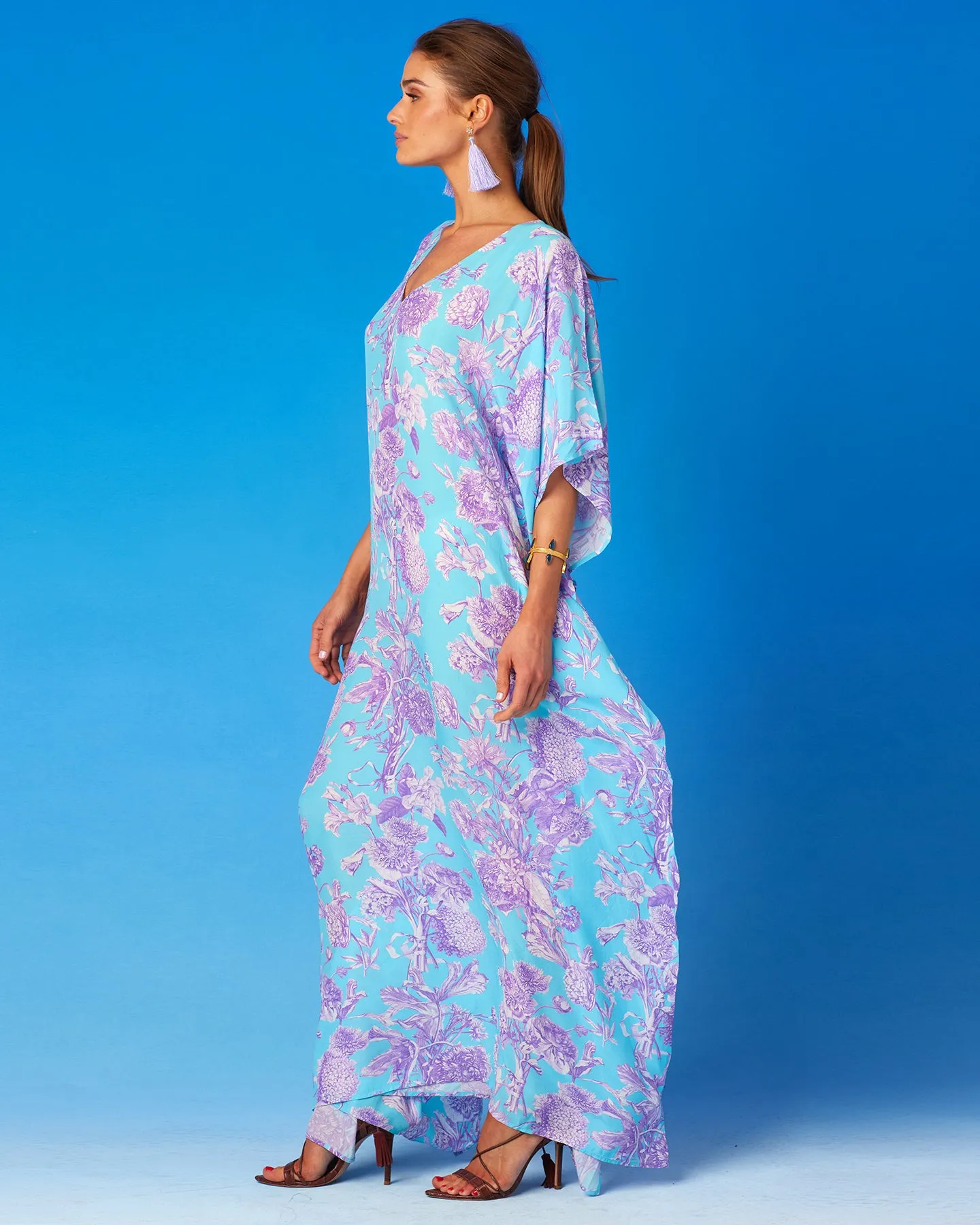 Camille Kaftan in Turquoise and Purple Floral Toile