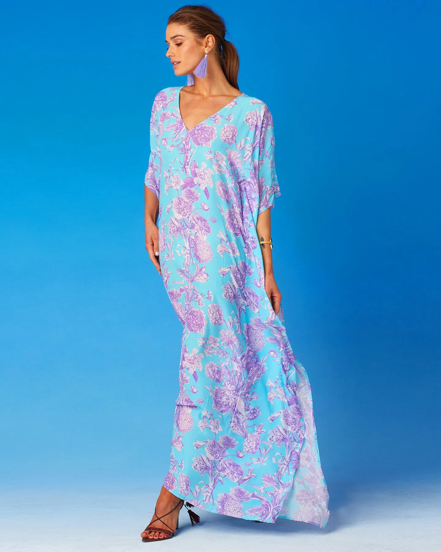 Camille Kaftan in Turquoise and Purple Floral Toile