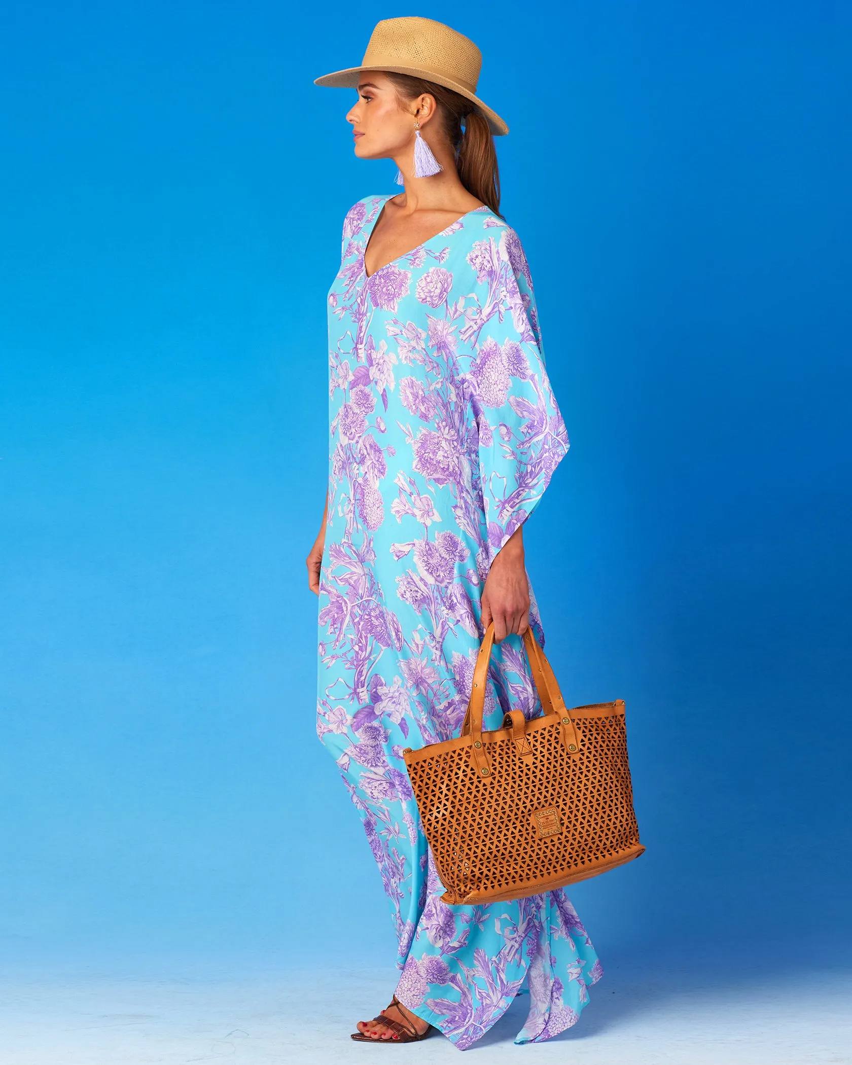 Camille Kaftan in Turquoise and Purple Floral Toile