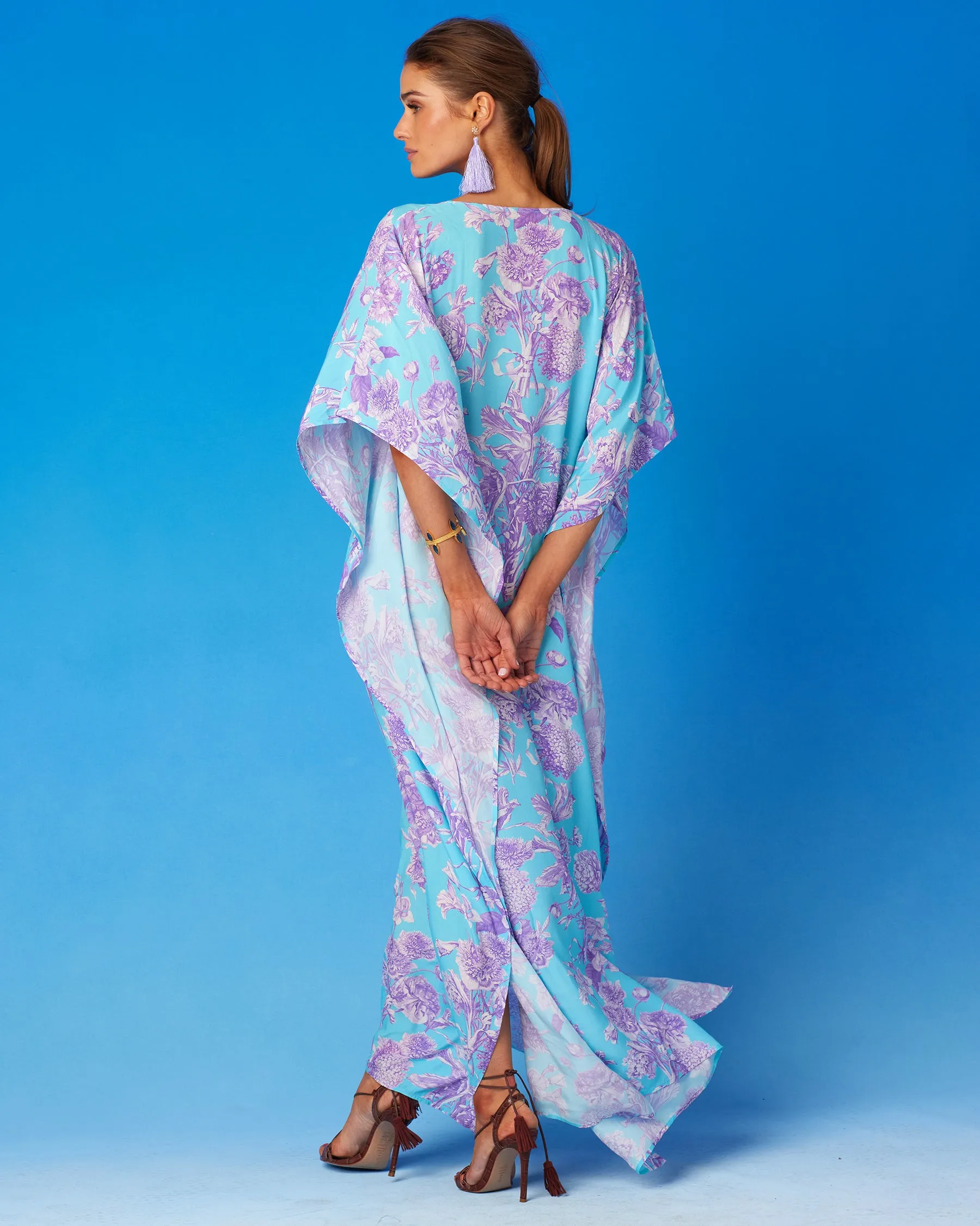 Camille Kaftan in Turquoise and Purple Floral Toile