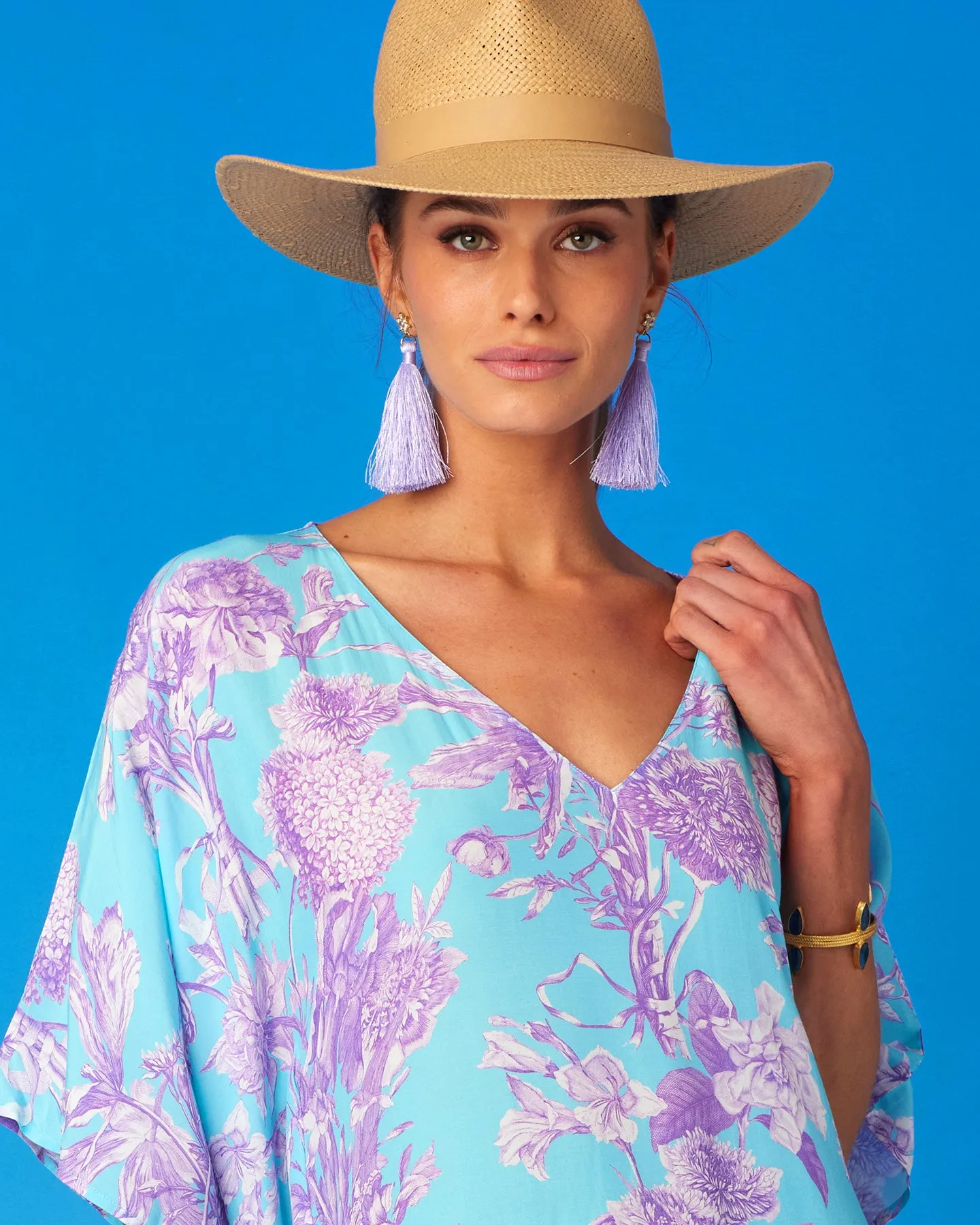 Camille Kaftan in Turquoise and Purple Floral Toile