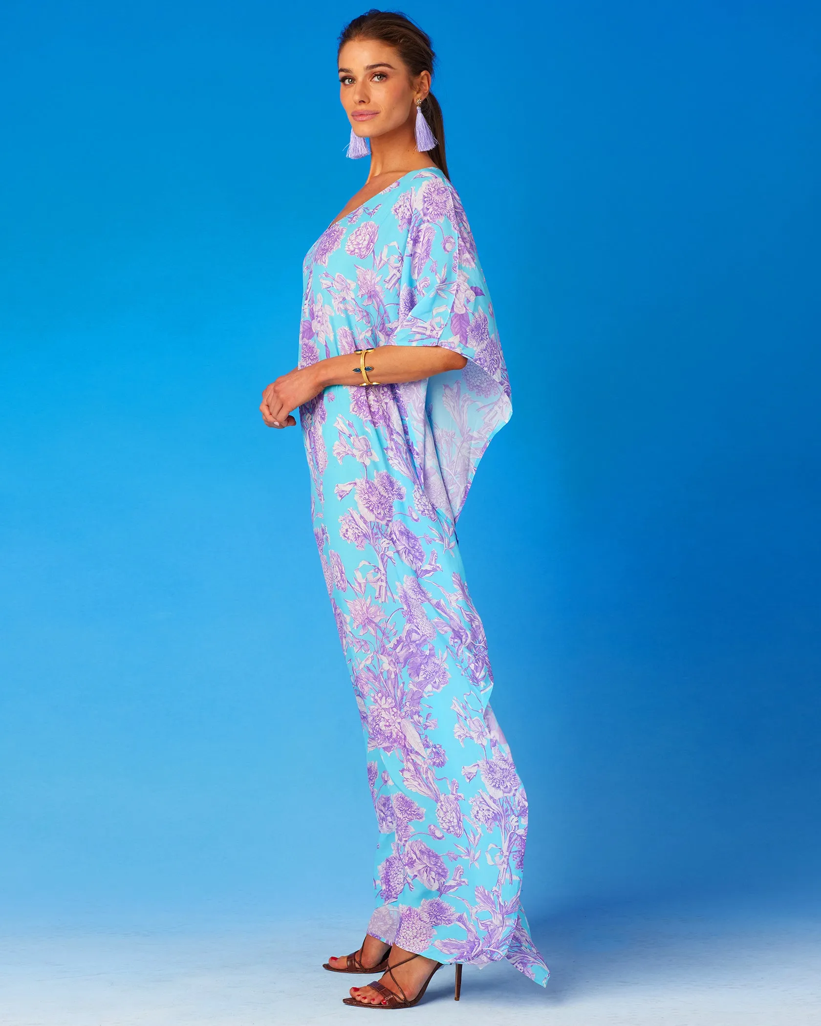 Camille Kaftan in Turquoise and Purple Floral Toile