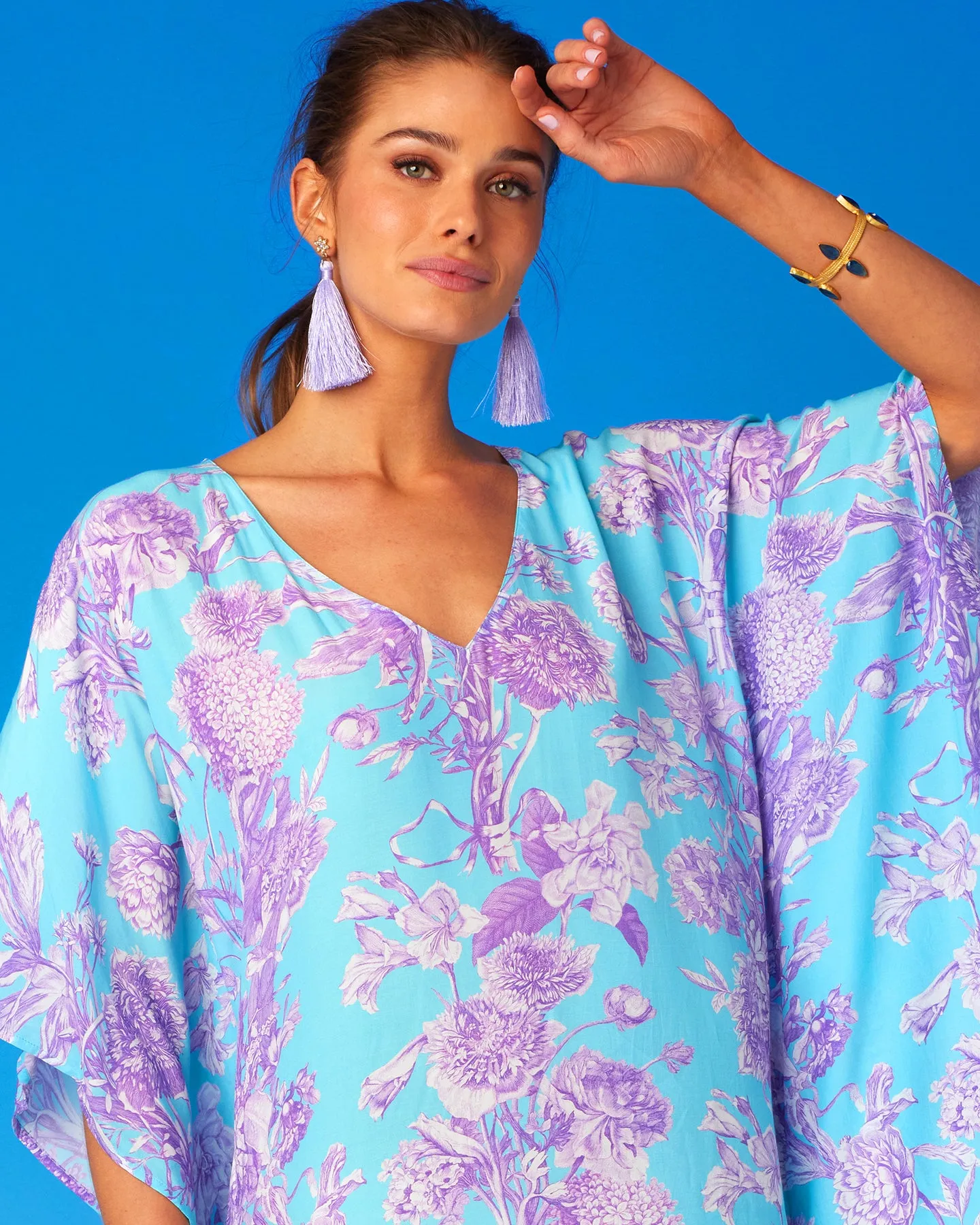 Camille Kaftan in Turquoise and Purple Floral Toile