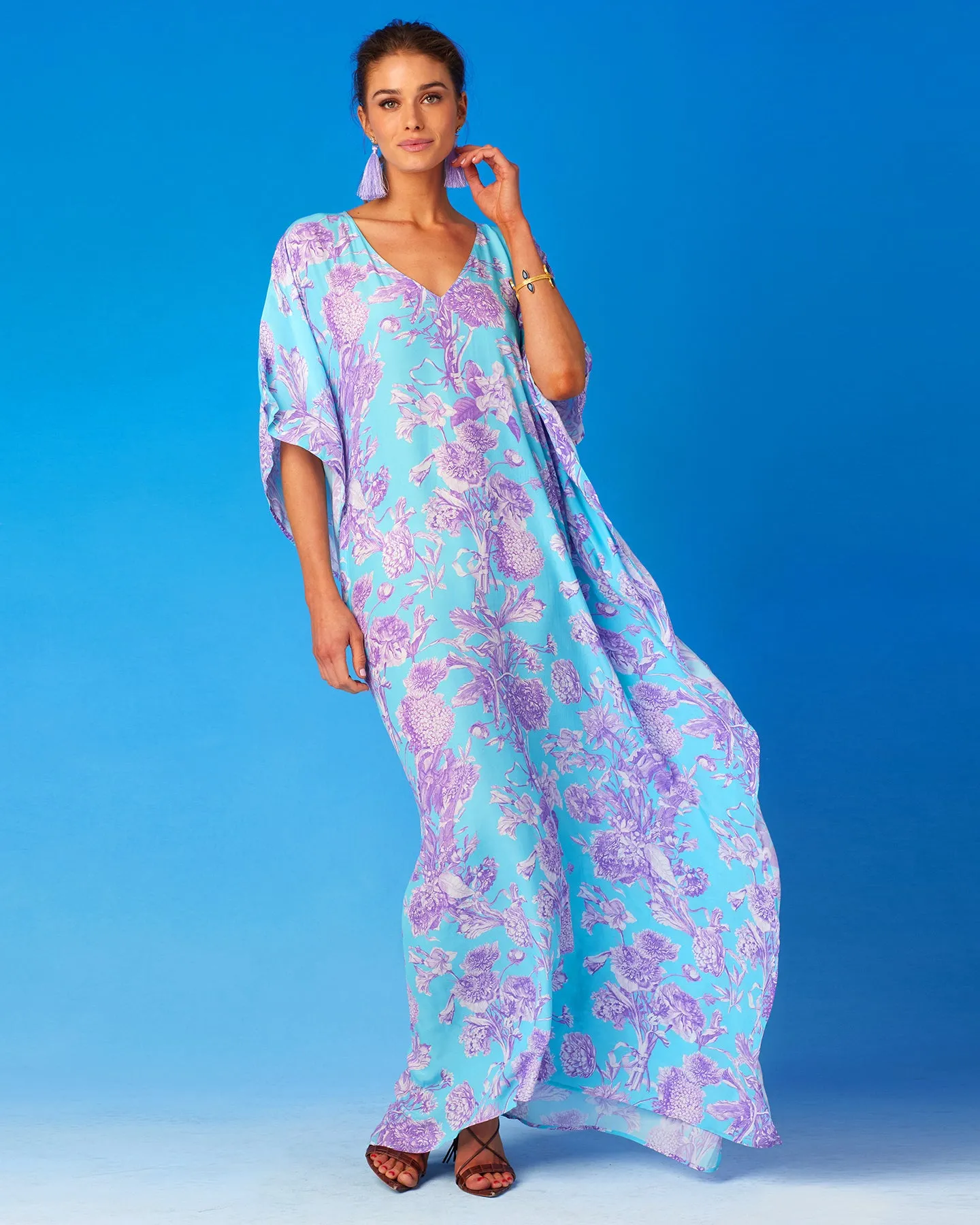 Camille Kaftan in Turquoise and Purple Floral Toile