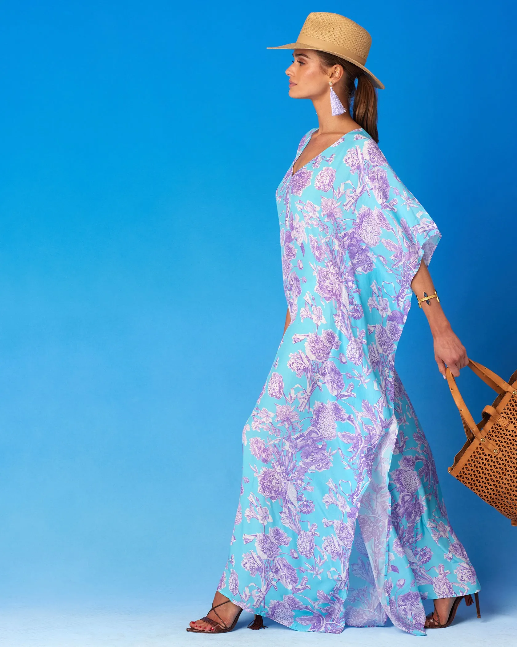 Camille Kaftan in Turquoise and Purple Floral Toile