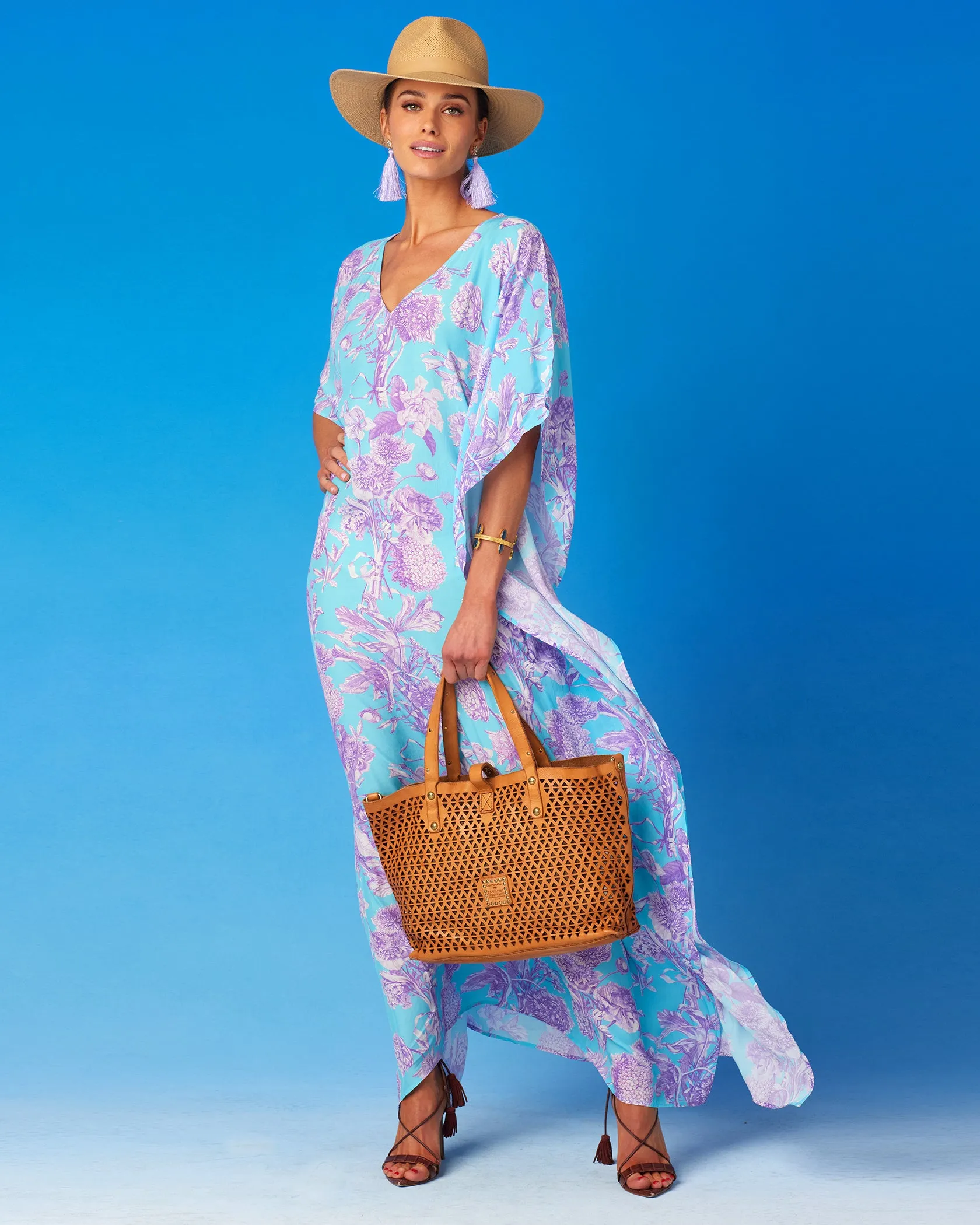 Camille Kaftan in Turquoise and Purple Floral Toile