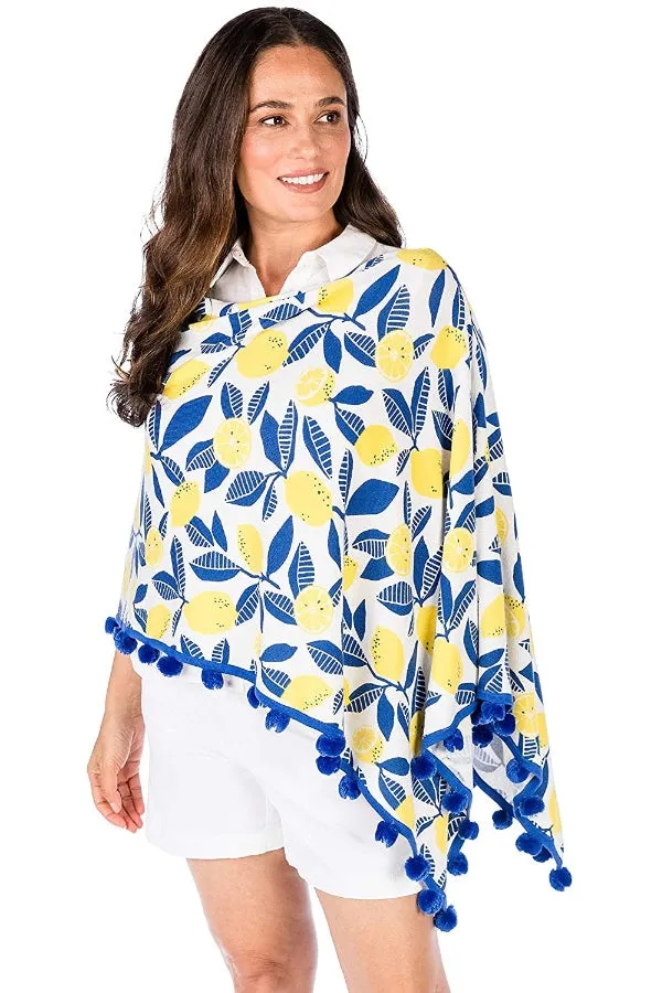 Caroline Grace by Alashan Cotton Cashmere Lemon Print Pom Pom Topper Poncho LSC0316