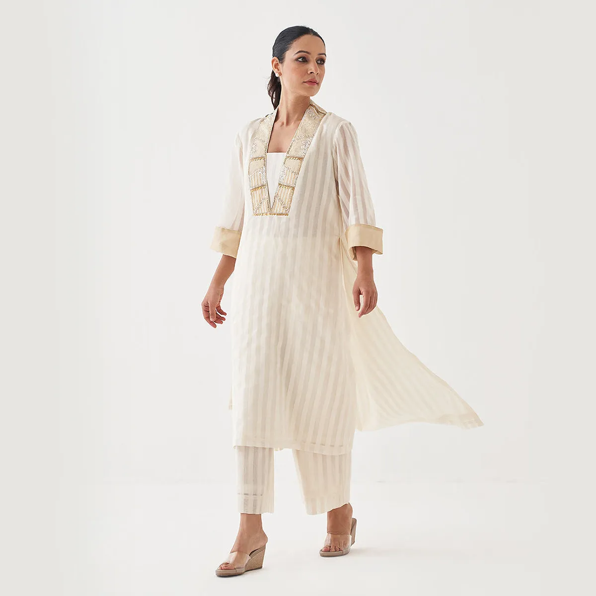 Chanderi Silk Kurta Set for Women | Embroidered | Off-White