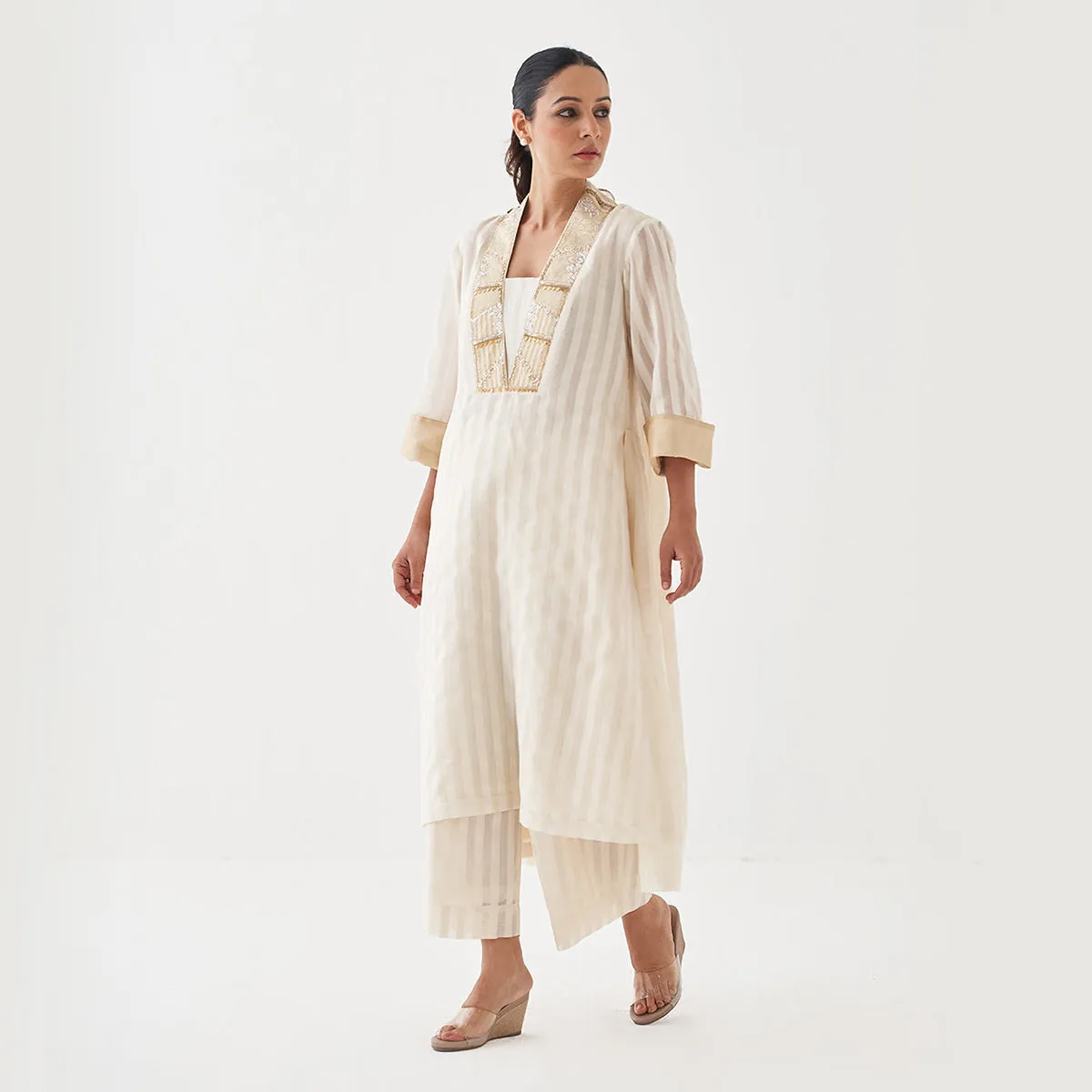 Chanderi Silk Kurta Set for Women | Embroidered | Off-White