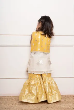 Charming ivory and yellow sharara set with delicate silver floral embroidery and playful appliqués