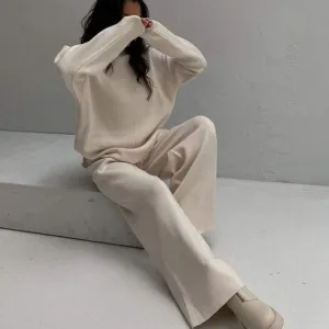 Chic High Neck Rib Knit Pullover Sweater Wide Leg Pants Matching Set - Beige