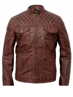 Cognac Brown Cafe Racer Quilted Leather Jacket 