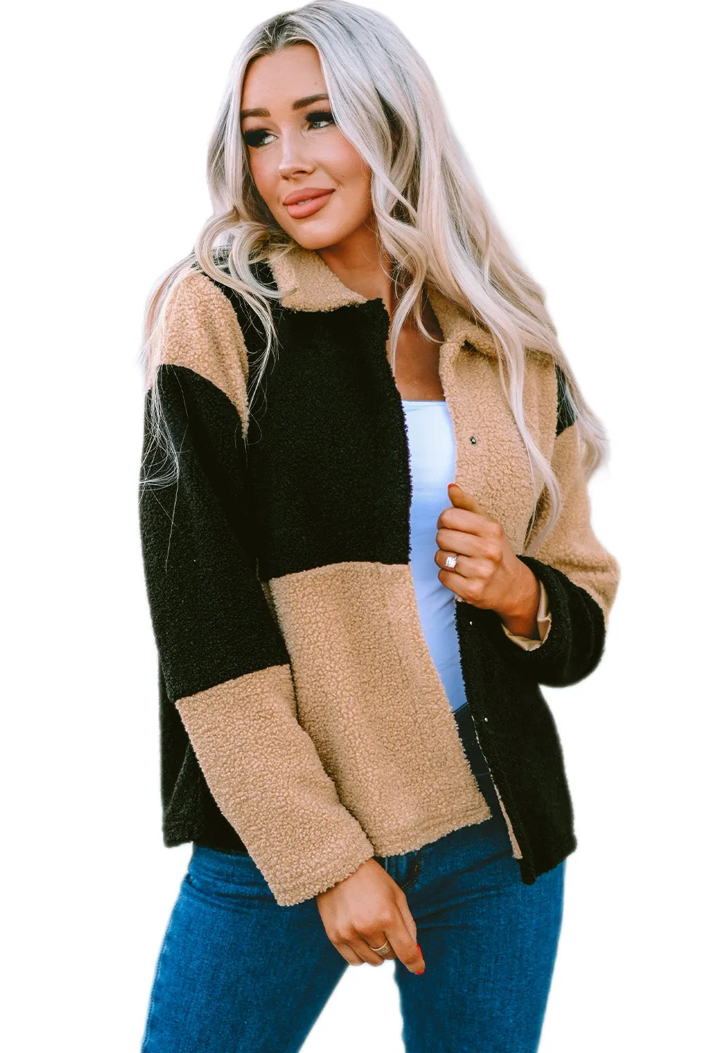 Colorblock Checkered Sherpa Jacket