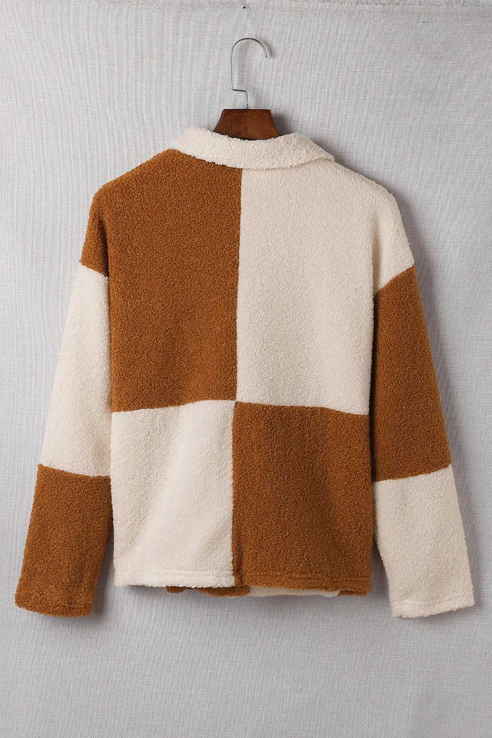 Colorblock Checkered Sherpa Jacket