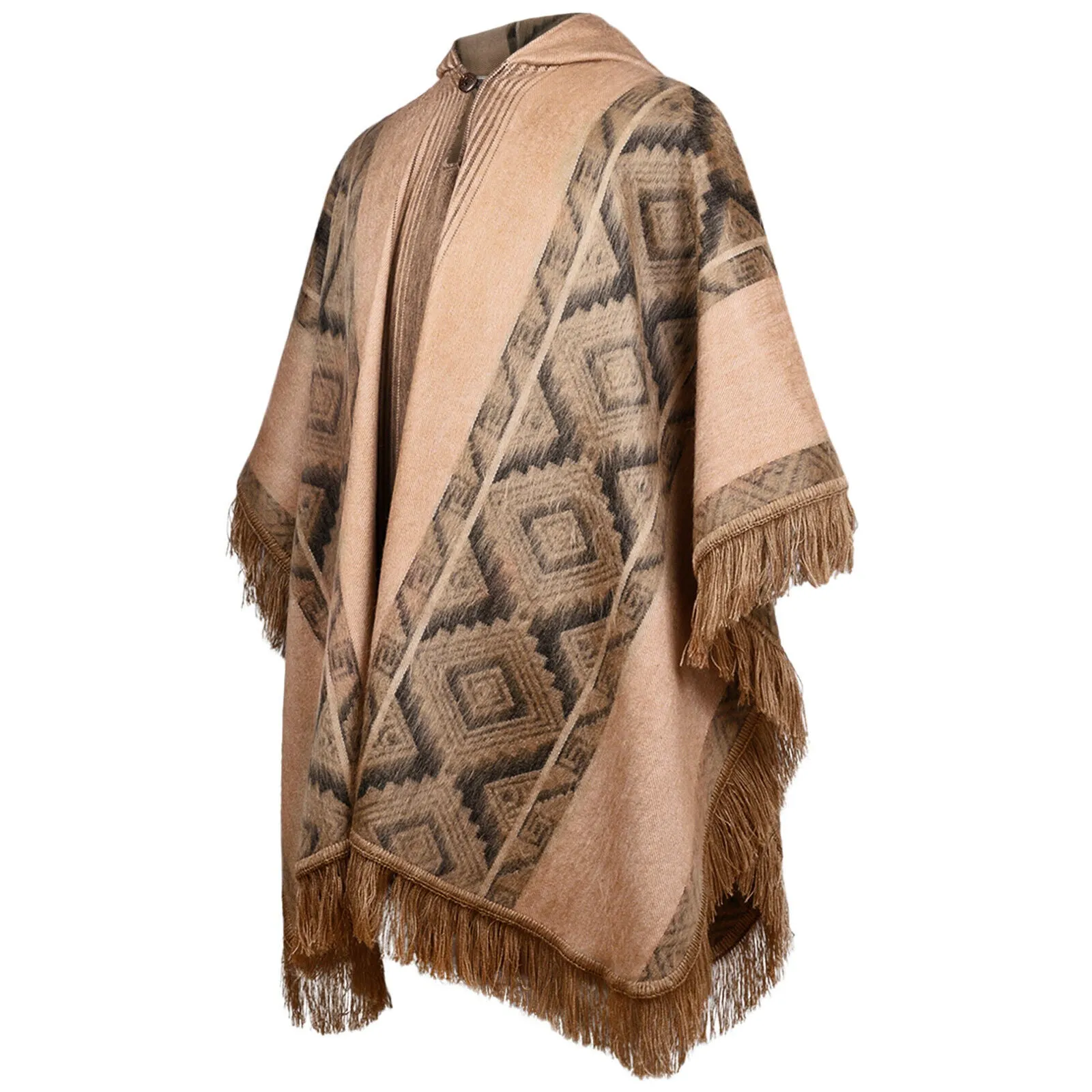 Conambo - Lightweight Baby Alpaca Fringed Hooded Poncho - Taupe & Charcoal - Unisex