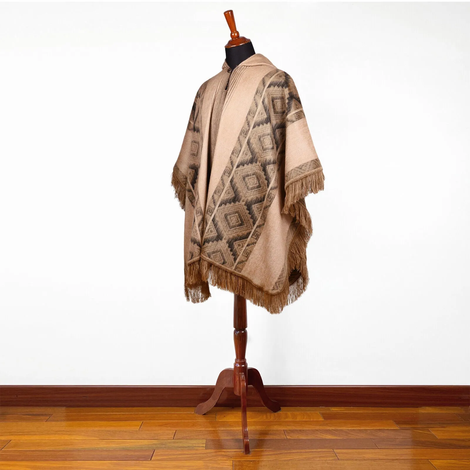 Conambo - Lightweight Baby Alpaca Fringed Hooded Poncho - Taupe & Charcoal - Unisex