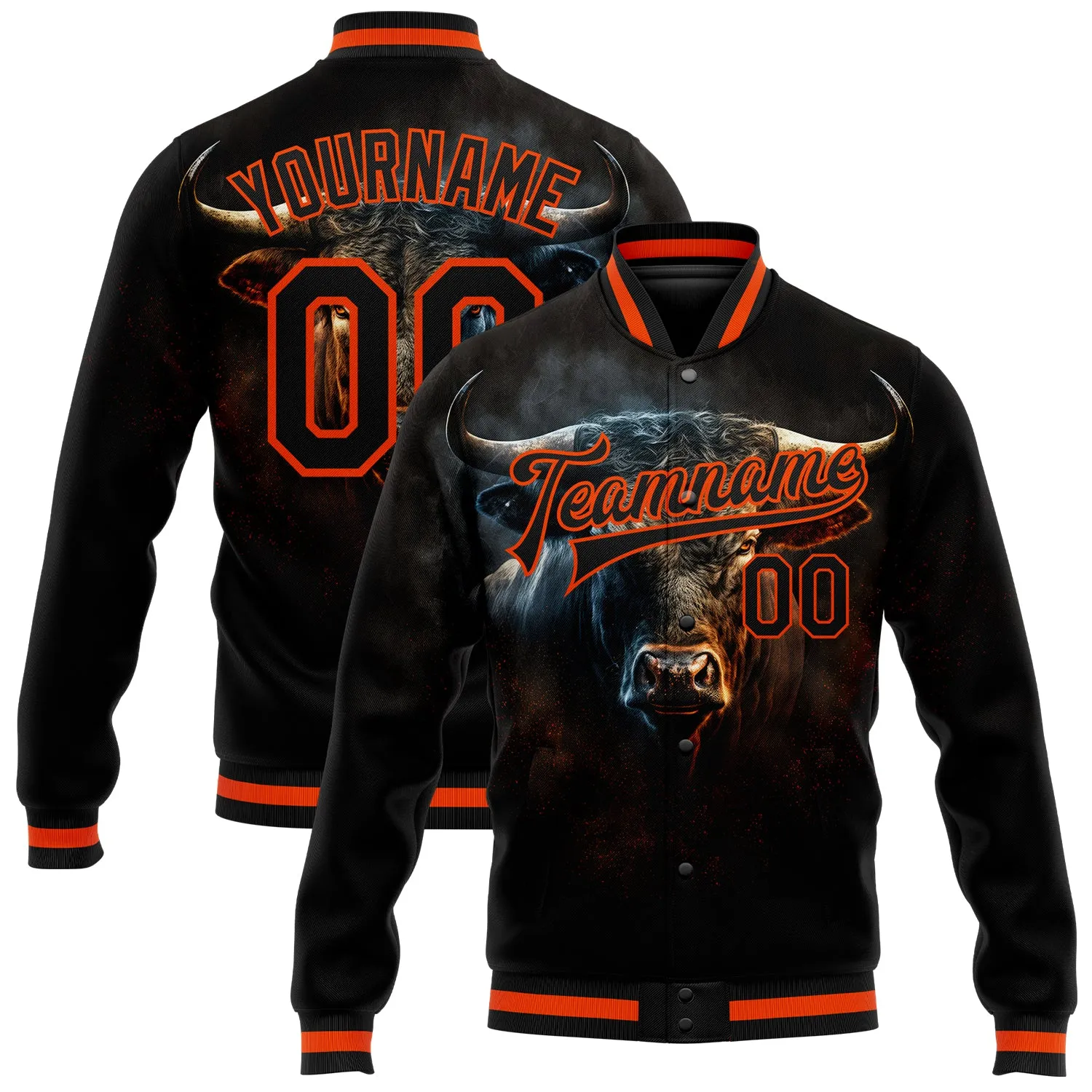 Custom Black Orange Angry Violent Bulls Face 3D Pattern Design Bomber Full-Snap Varsity Letterman Jacket