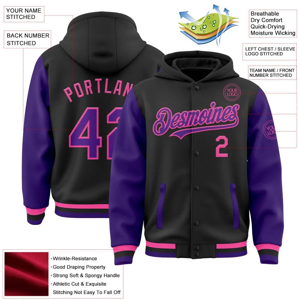 Custom Black Purple-Pink Bomber Full-Snap Varsity Letterman Two Tone Hoodie Jacket