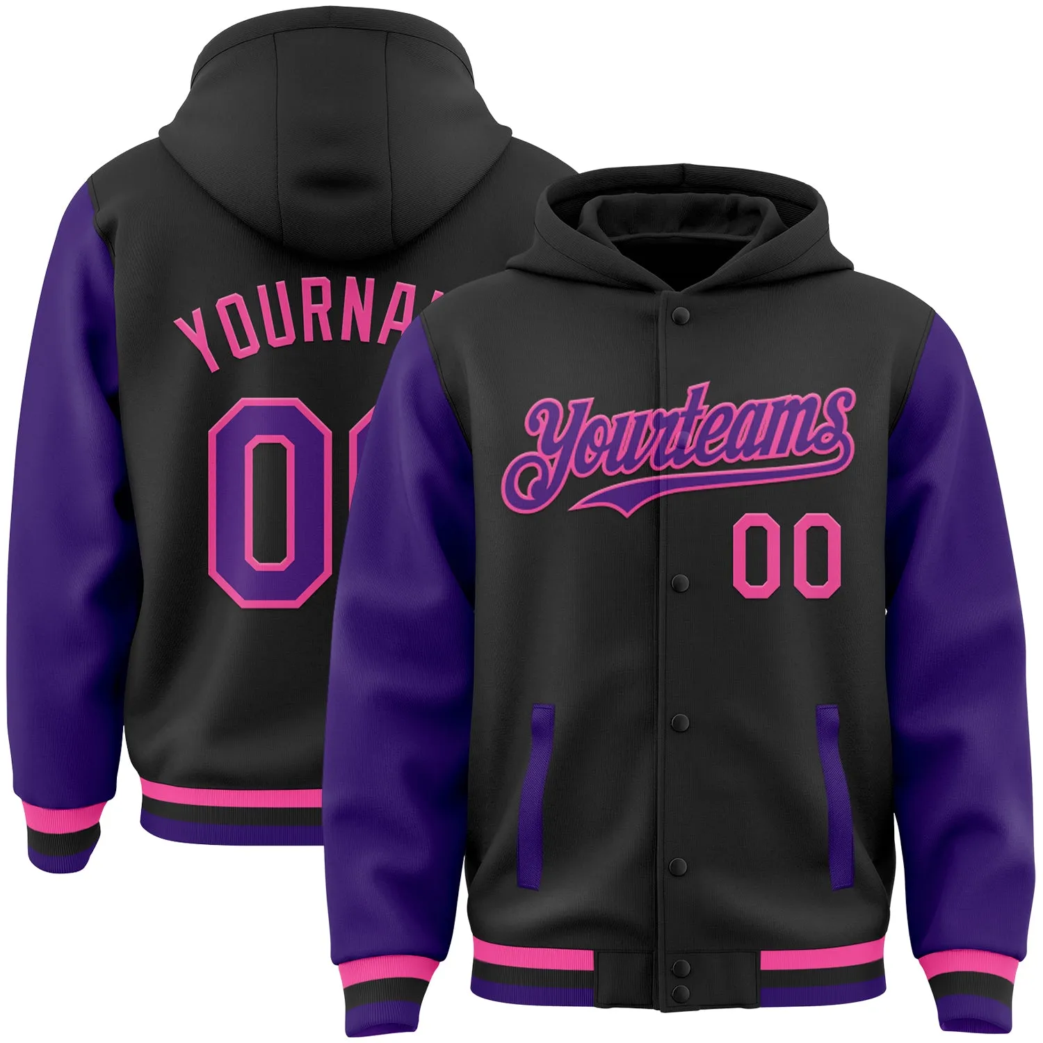 Custom Black Purple-Pink Bomber Full-Snap Varsity Letterman Two Tone Hoodie Jacket