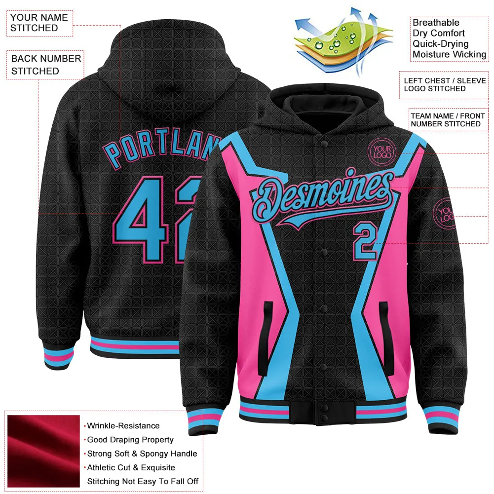 Custom Black Sky Blue-Pink Arrow 3D Pattern Design Bomber Full-Snap Varsity Letterman Hoodie Jacket