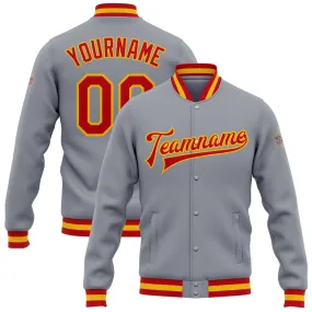 Custom Gray Red-Gold Bomber Full-Snap Varsity Letterman Jacket