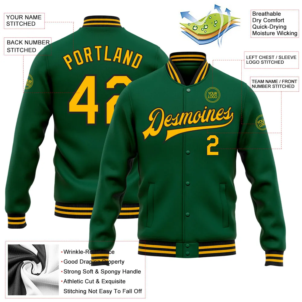 Custom Kelly Green Gold-Black Bomber Full-Snap Varsity Letterman Jacket