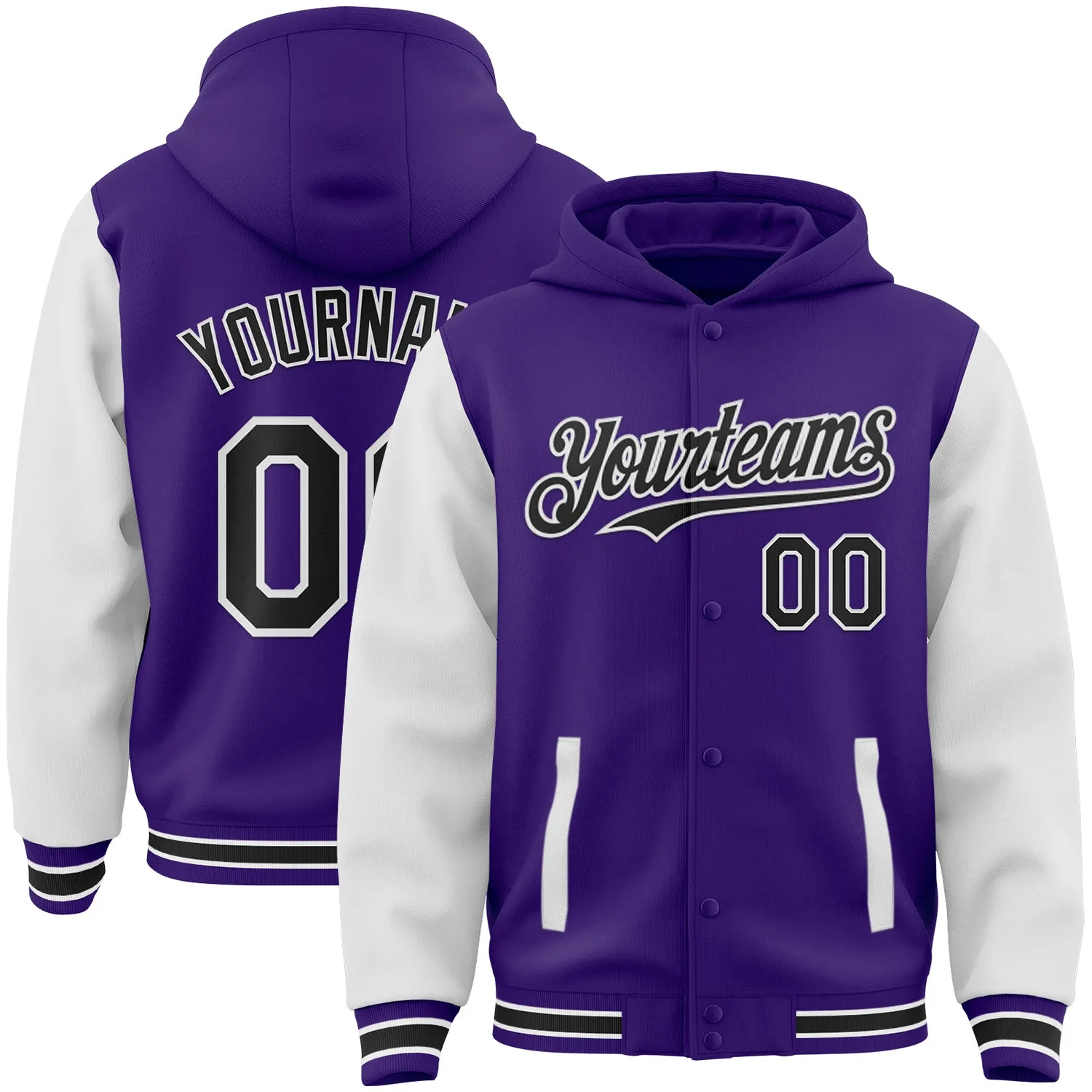 Custom Purple Black-White Bomber Full-Snap Varsity Letterman Two Tone Hoodie Jacket