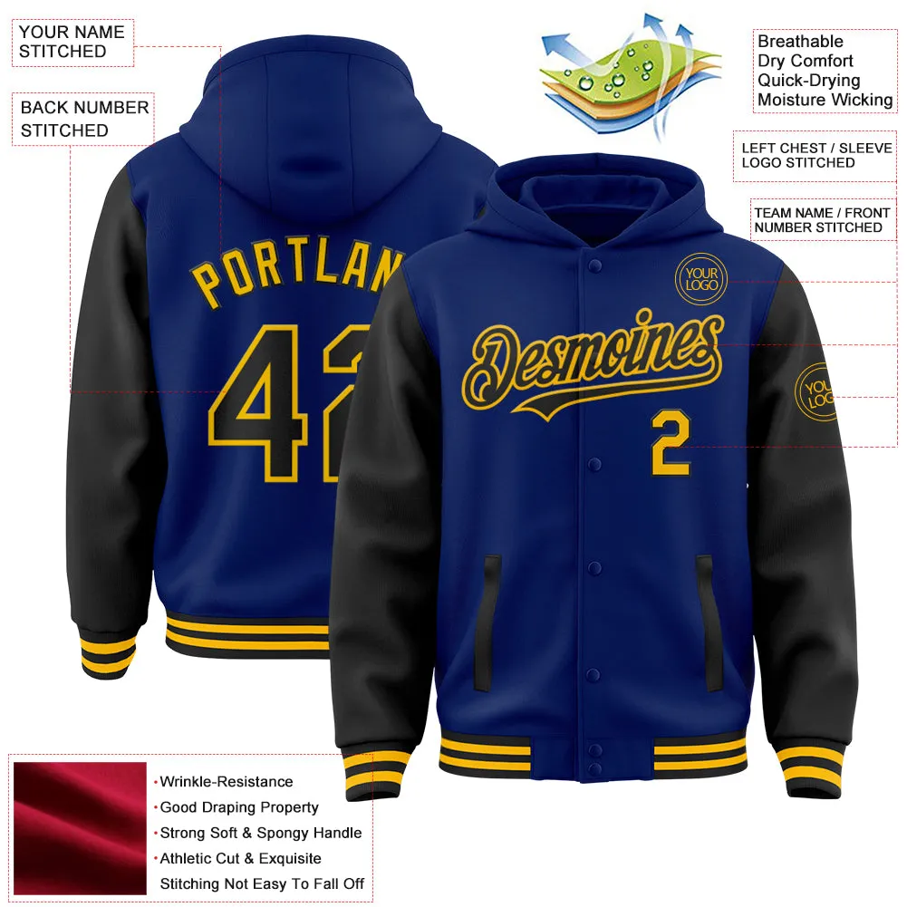 Custom Royal Black-Gold Bomber Full-Snap Varsity Letterman Two Tone Hoodie Jacket