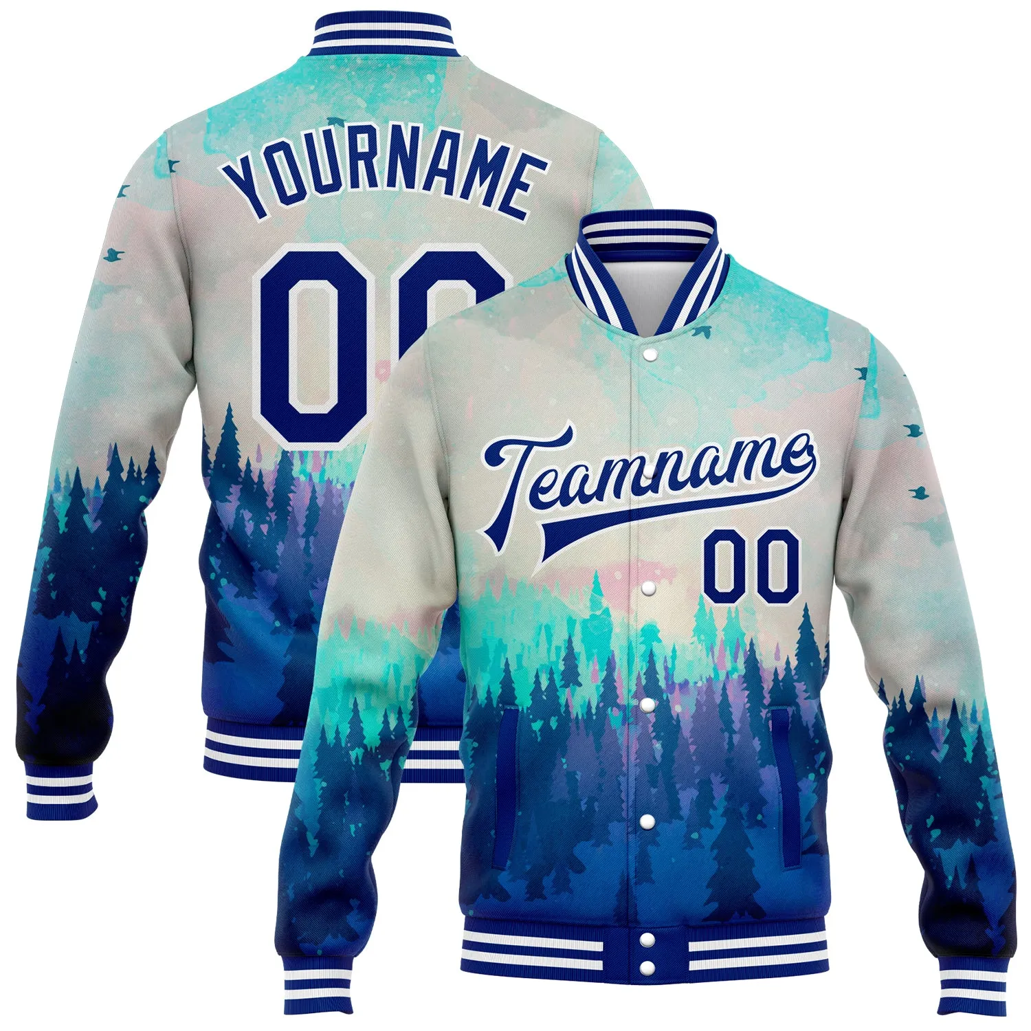 Custom Royal White Daylight Forest 3D Pattern Design Bomber Full-Snap Varsity Letterman Jacket