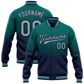 Custom Teal Gray-Navy Bomber Full-Snap Varsity Letterman Fade Fashion Jacket