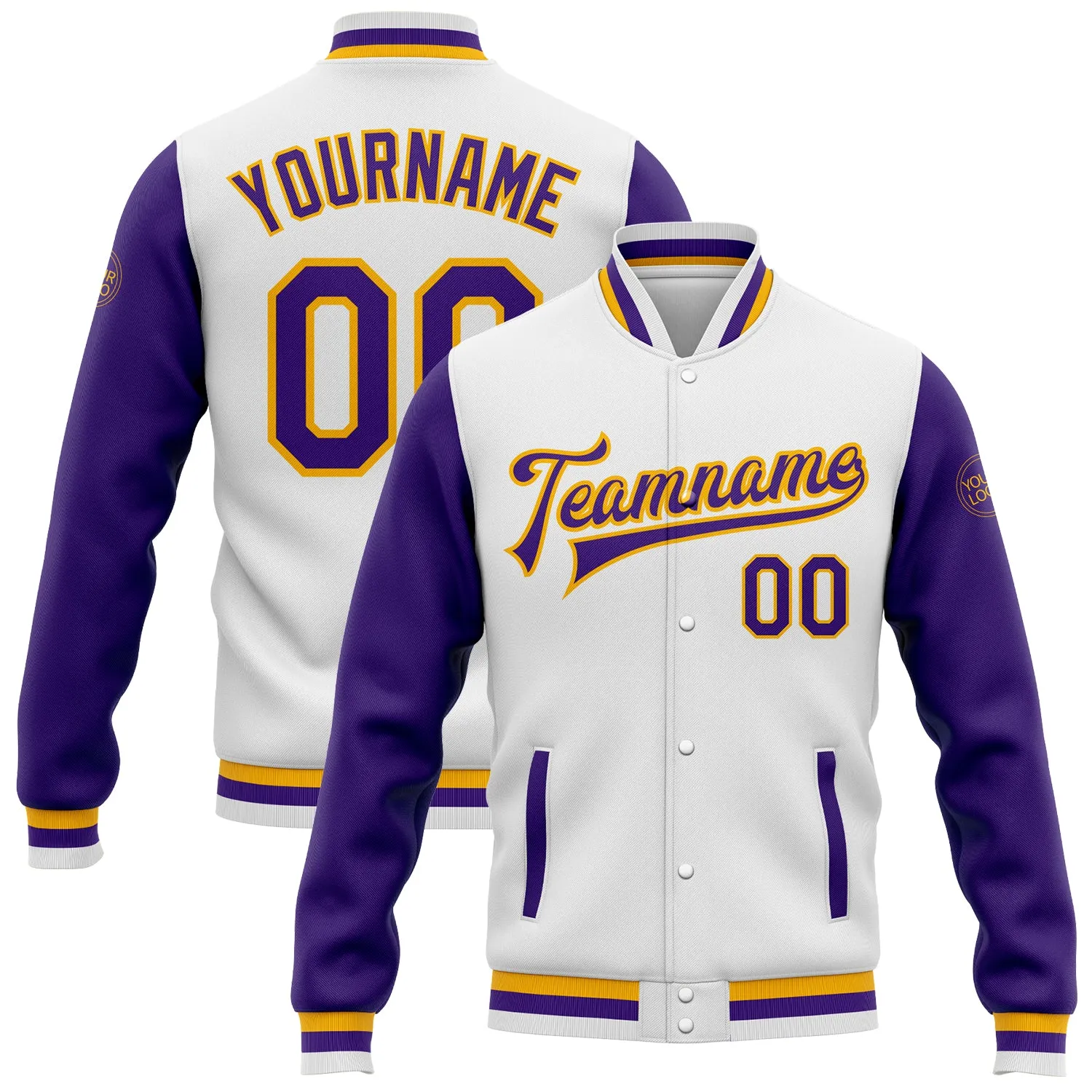 Custom White Purple-Gold Bomber Full-Snap Varsity Letterman Two Tone Jacket