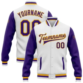 Custom White Purple-Gold Bomber Full-Snap Varsity Letterman Two Tone Jacket